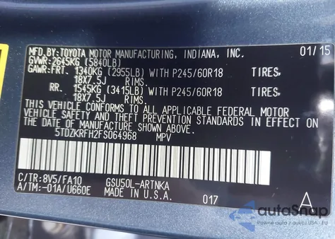 2015 Toyota Highlander Le Plus V6/Le V6 из США, поврежденный, VIN 5TDZKRFH2FS064968